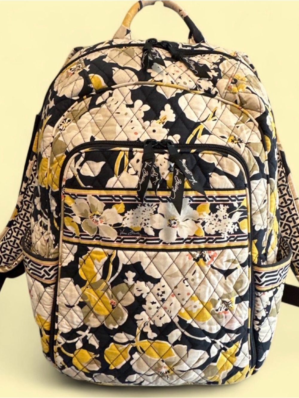Vera Bradley Quilted Floral Backpack in Black, Cream & Yellow